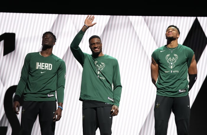 Team Antetokounmpo including Team Antetokounmpo forward Giannis Antetokounmpo (right) are introduced in the Skills Competition during the 2023 All Star Saturday Night